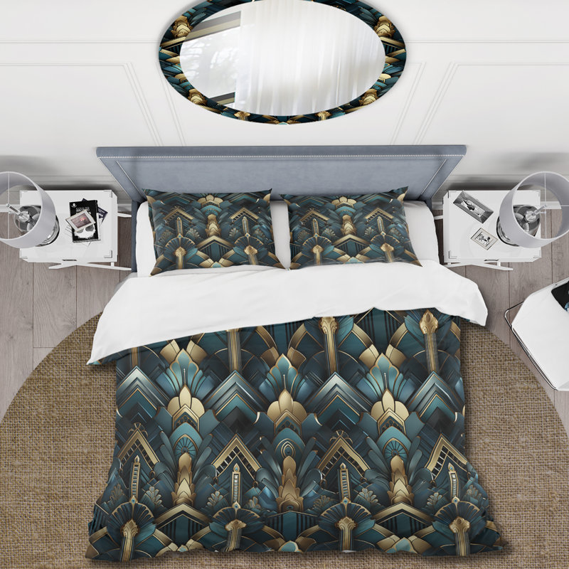 Ensemble de housse de couette Teal And Gold Art Deco Geometric Glamour - Damask