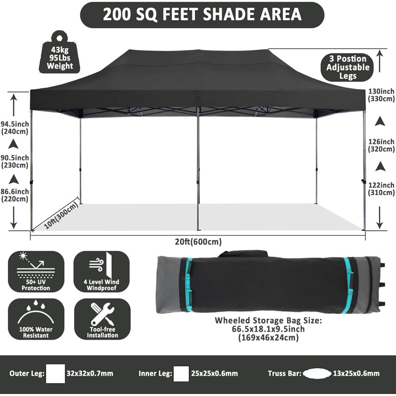 COBIZI 10x15 Black Heavy Duty Pop-Up Canopy Tent with Sidewalls