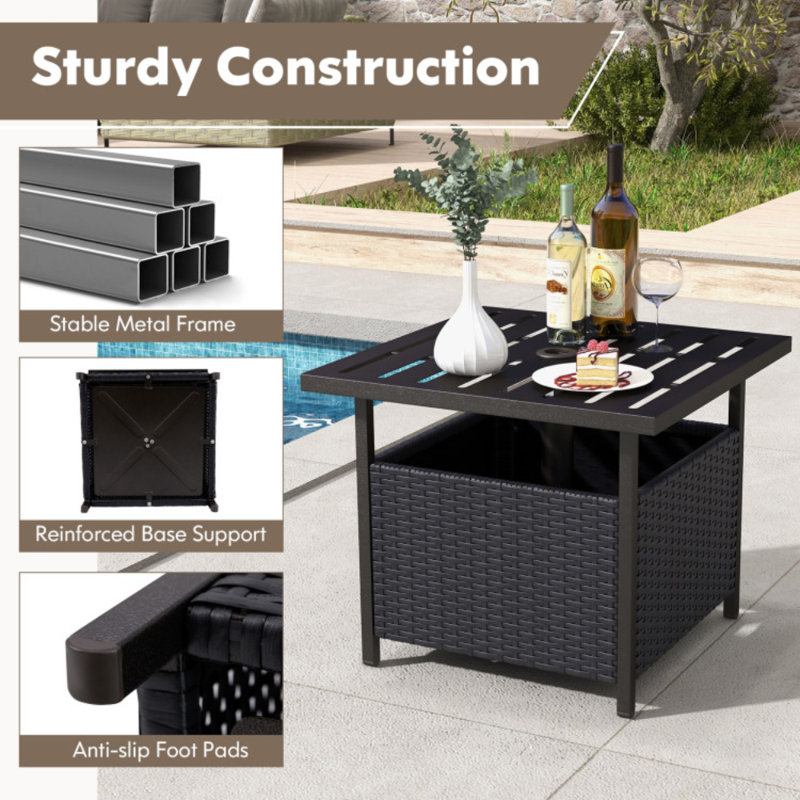 22 in. W Square  Black Outdoor All-Weather Patio Rattan Wicker Side Table with Steel Tabletop, Black