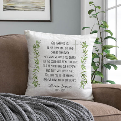 God Wrapped You In His Arms Memorial Throw Pillow With Custom Name And Years Printed | Square Removable Cover | Spiritual Decorative Accent | 17" X 17"