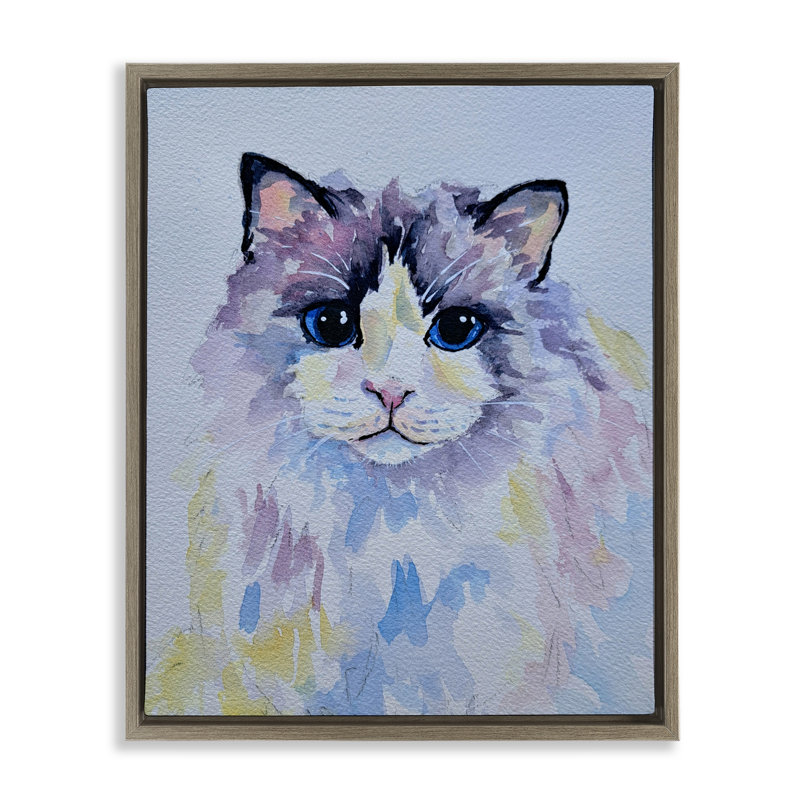 Cadre flottant chat pastel aux yeux bleus, design par Tatiana Roberts, H 21 po x l 17 po, Cadre flottant orme Montalcino