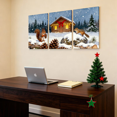 «Winter Forest Squirrel And Cabin», ensemble de 3 reproductions d'art sur toile tendues sur toile