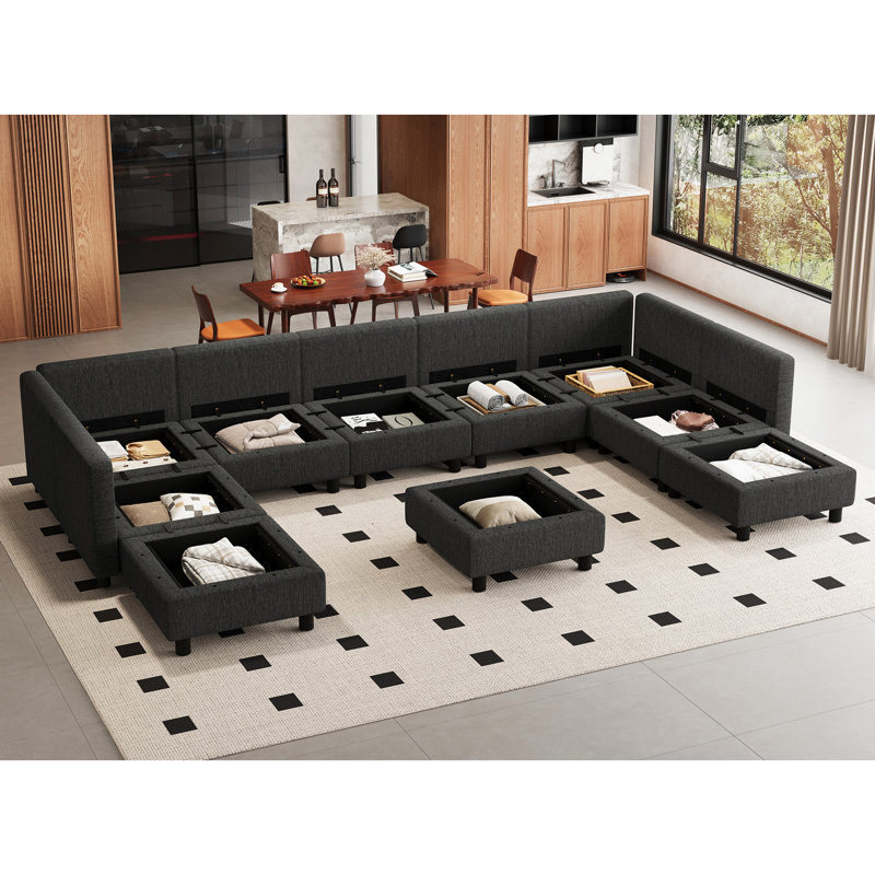 Canapé modulaire en U avec repose-pieds de rangement pour le salon, Dark Grey Polyester Blend