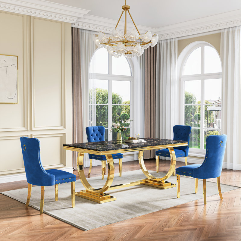Rectangular 70.1"L X 35"W Dining Set, Bleu / doré, Noir et or, 5 pièces: table, 4 chaises