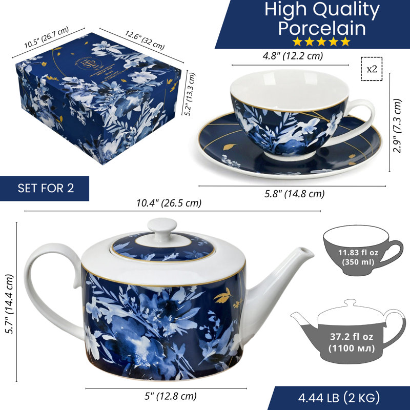 Day and Night Ceramic Set of Teapot and 2 teacups with saucers