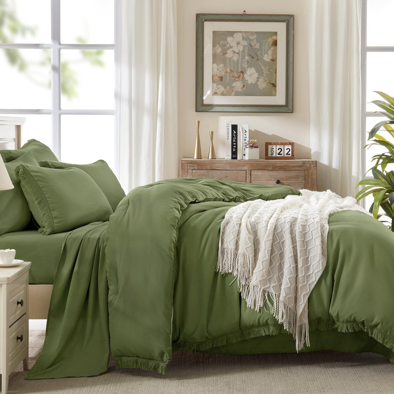 Ensemble d'édredon très grand lit Andency gris Heather - Ensemble de literie 7 pièces Boho Soft Light Bed, ensemble de lit à pampilles avec édredon, draps, taies d'oreiller et taies décoratives