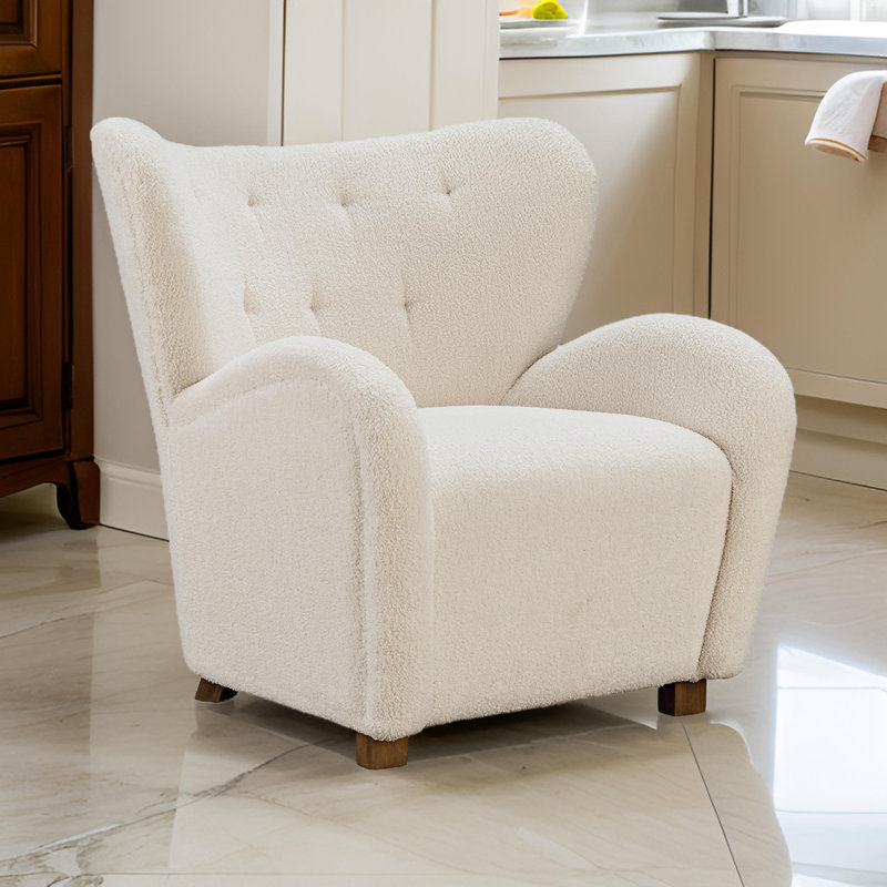 Chaise Lao, dossier à oreilles, dossier rembourré et capitonné, polyester, Mélange de polyester beige