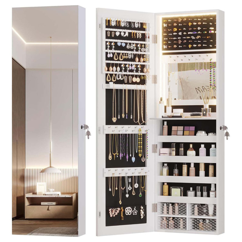 47.2 In. Led Hanging Jewelry Armoire Organizer Cabinet With Full Length Mirror, White
