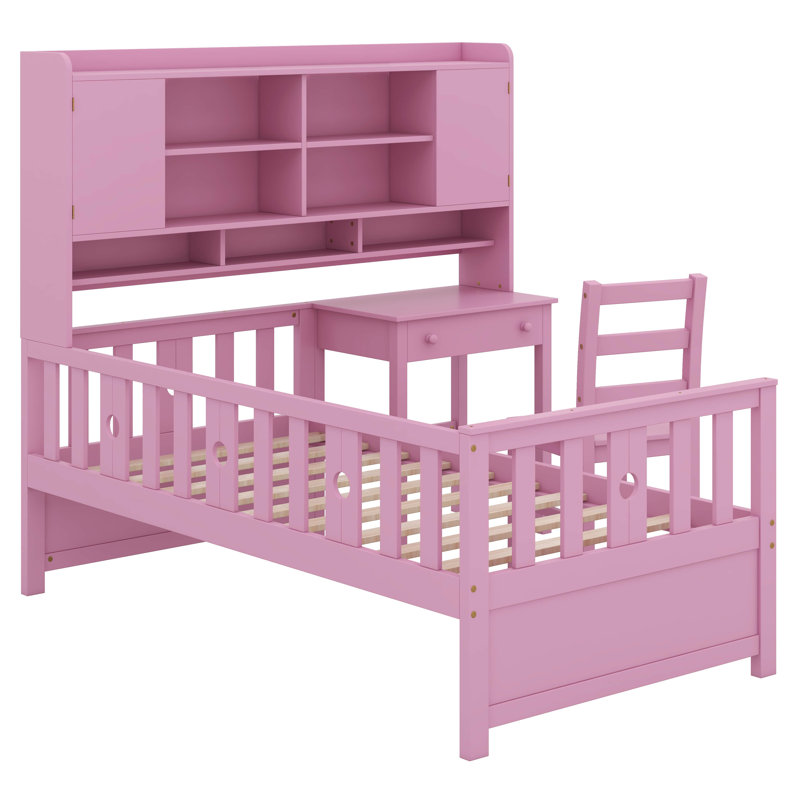 Multifunctional Wood Platform Bed With Bookshelf At The Head Of The Bed, Built-In Desk And Matching Chair, Pink