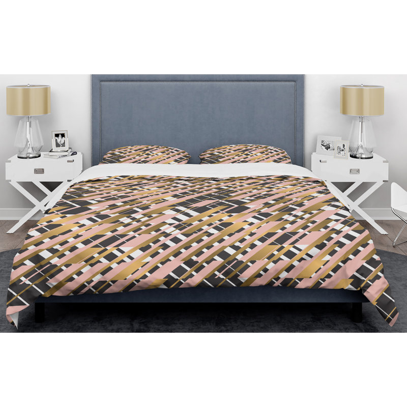 Motif à carreaux dorés II - ensemble de housse de couette abstrait Glam - microfibre de polyester
