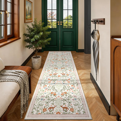 Tapis floral lavable à la machine avec envers en caoutchouc durable pour le salon