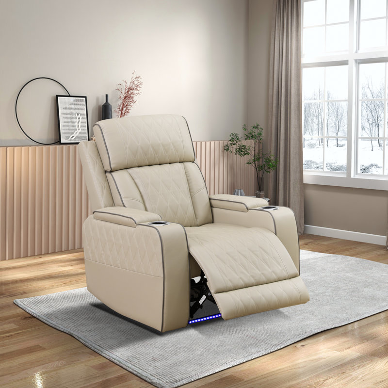 36" Modern Leather Power Recliner With Dual Cup Holders, Storage Armrests & LED Lighting, Beige