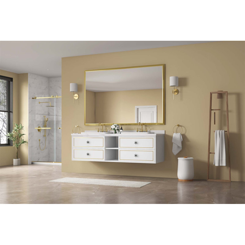 Miroir de salle de bain mural 72 po x 48 po avec cadre en aluminium durable et verre HD, 48 po x 72 po, Or brossé