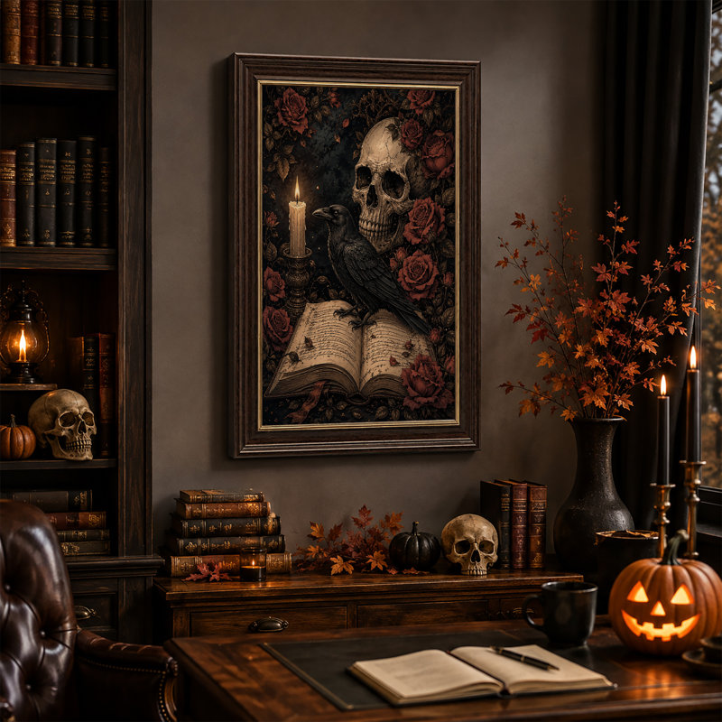 Impression sur toile, crâne gothique et corbeau noir debout sur Halloween antique, H 18 po x l 12 po