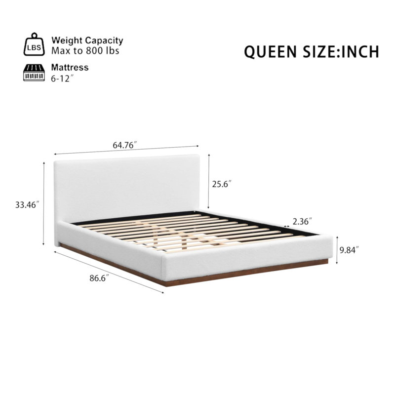 Lit rembourré en tissu élégant avec base en bois massif, alliant durabilité et confort pour une expérience de sommeil luxueuse