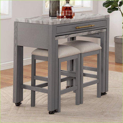 Dining Tables | Mesa de Comedor | Farmhouse Counter Height, Light Gray, For Small Spaces With Extension Storage | Faux Marble,Solid Wood