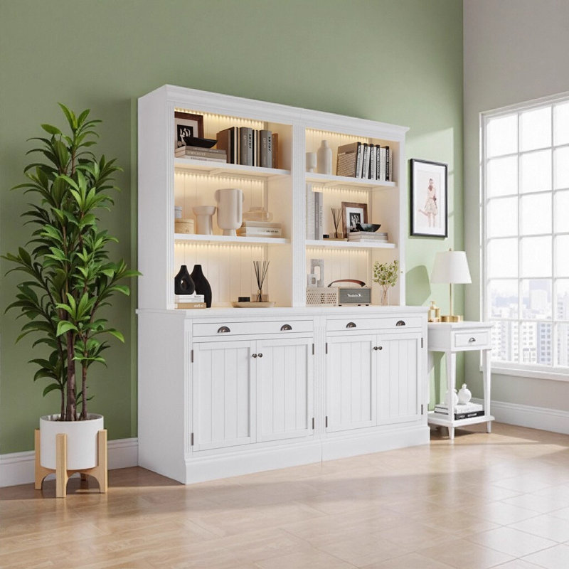 Ensemble de bibliothèque moderne blanche 83,4 "avec 3 bandes d'éclairage DEL, 2 tiroirs et 4 portes - Ensemble de 2 armoires de rangement en bois massif et en panneau de fibres à densité moyenne pour le salon / bureau à domicile