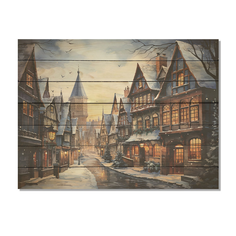 French Village Winter Sunset - Winter Landscape On Wood Print, 34" H x 44" W x 0.78" D