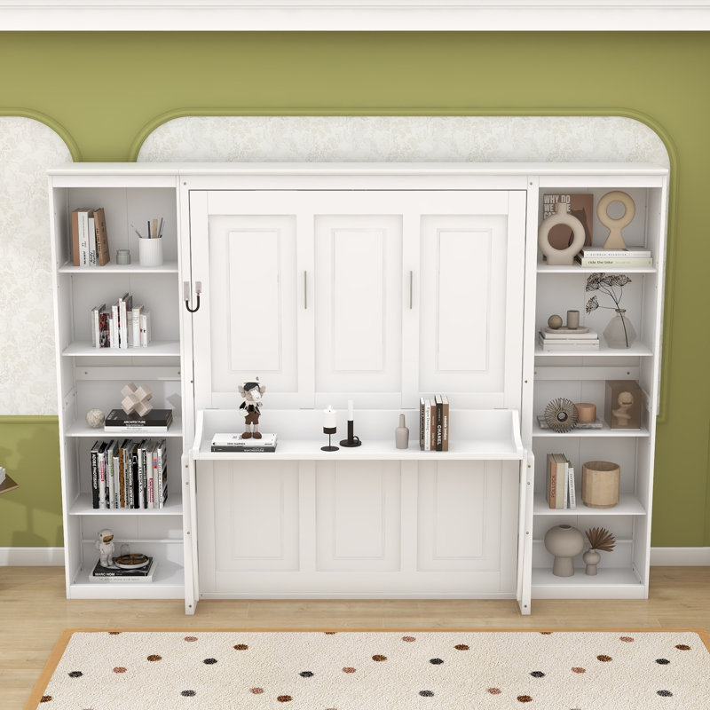 Lit escamotable avec bureau intégré et tablettes pour espaces de vie compacts, Double, Blanc