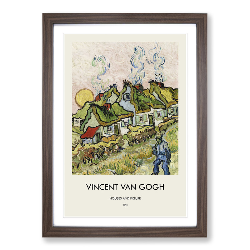 Houses and Figure by Vincent Van Gogh - Picture Frame Painting, Walnut Framed, 65cm H x 48cm W x 2cm D