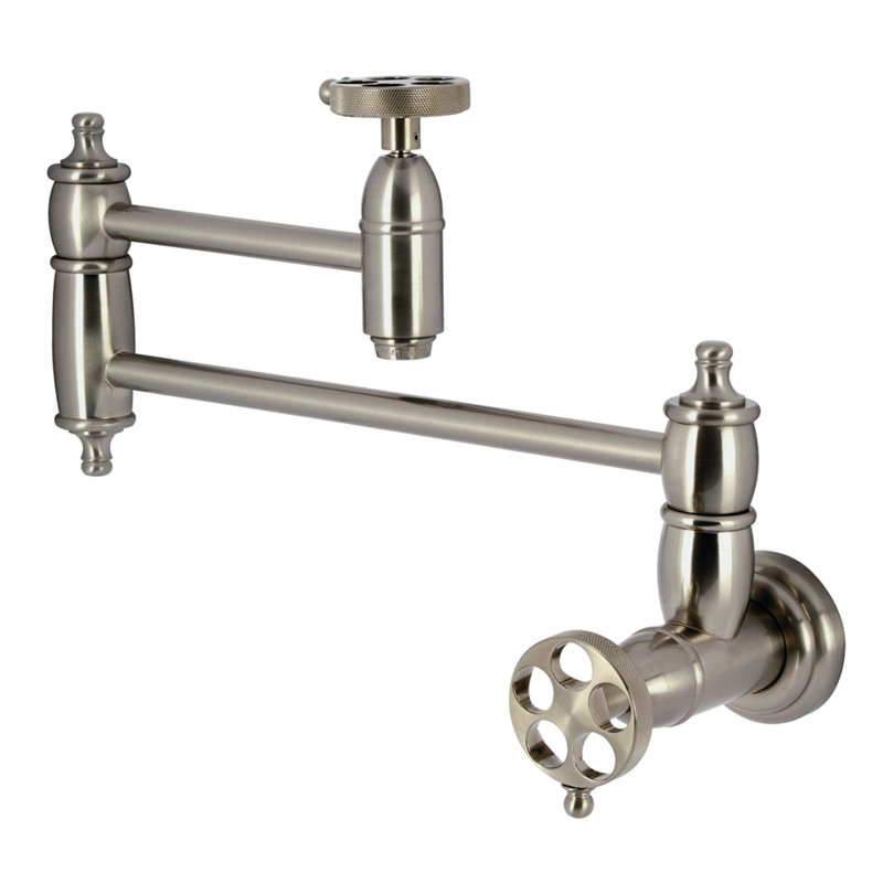 Kingston Brass Wendell Two-Handle 1-Hole Wall Mount Pot Filler Faucet with Knurled Handle, Brushed Nickel