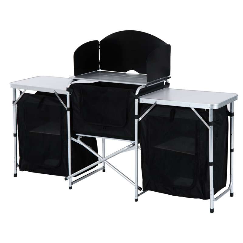 Bureau de cuisine de camping: aluminium avec pare-brise et 3 armoires. Pour barbecue, pique-nique, fêtes, arrière-cours. Table de cuisine robuste, spacieuse et légère à transporter - Armoires pliantes et vent