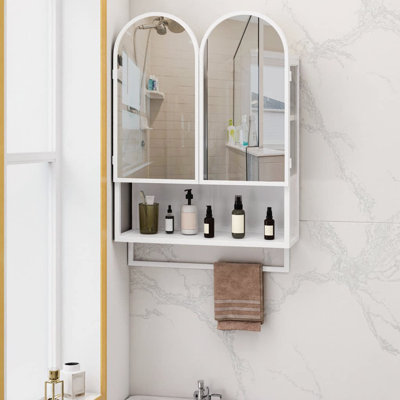 Armoire à miroir à double arche 23,62 po | Armoire à pharmacie 2 portes avec tablettes réglables et porte-serviettes | Rangement mural pour salle de bain, salon et chambre à coucher