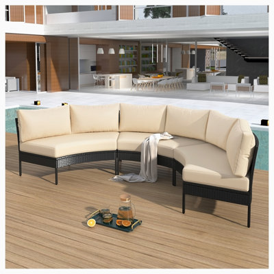 Ensemble de conversation 3 pièces courbé pour l'extérieur, canapé modulaire toutes saisons avec coussins