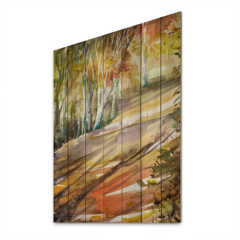Forêt de bouleaux d'automne - impression sans cadre sur bois, H 20 po x l 12 po x P 1 po