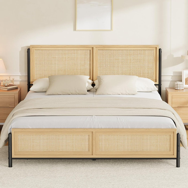 Cadre de lit naturel avec tête et pied de lit en rotin, cadre de lit double Boho sans sommier, Grand