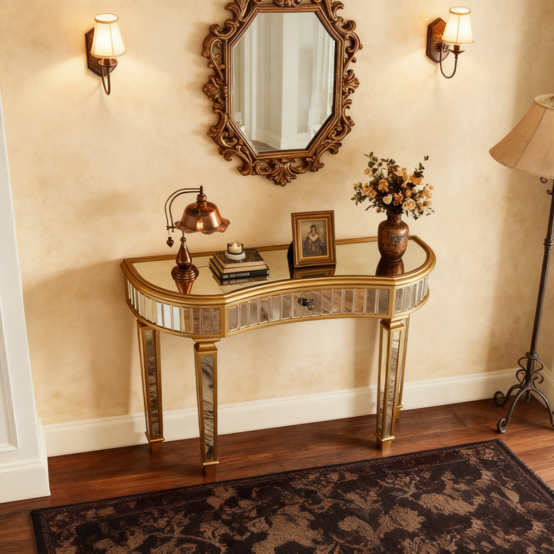 Console à miroir demi-lune 47 "avec verre cannelé, Doré/argent