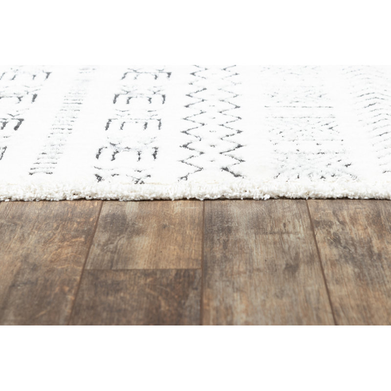 Ivory and Charcoal Geometric Stripe Synthetic Area Rug