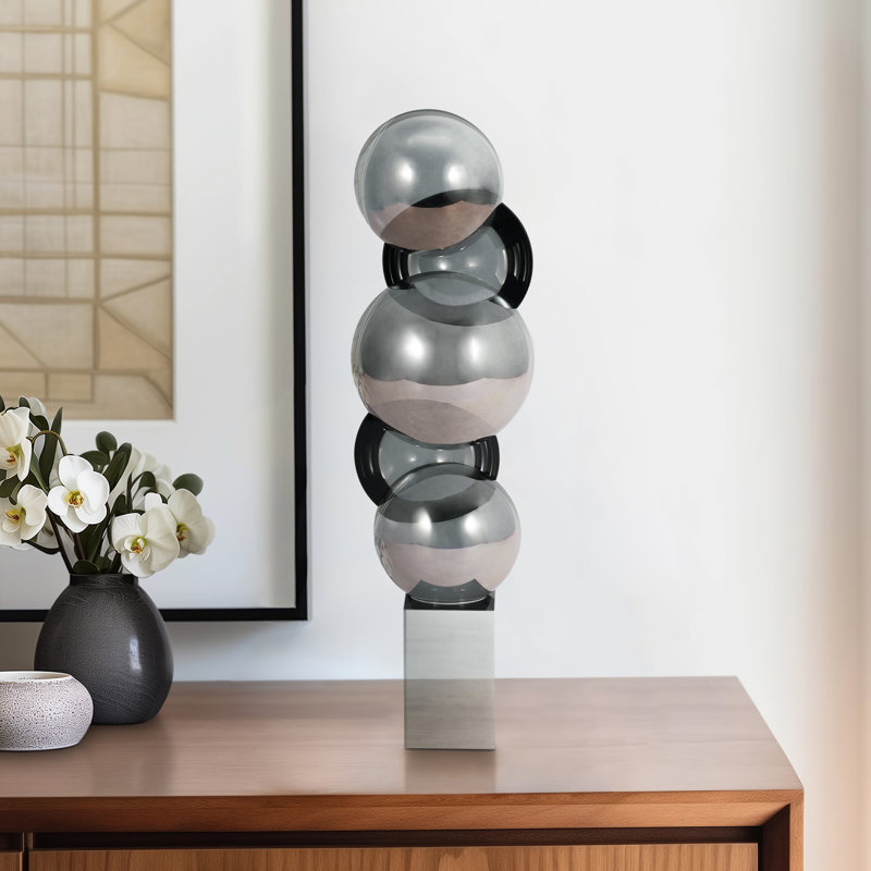 Modern Glass Crystal Decorative Sculpture with Layered Sphere Geometric Design, 14" H x 4" W x 4" D