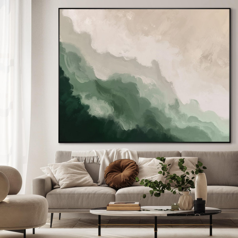 Soothing Abstract Ocean Waves Minimalist Green and Beige Extra Large Framed Wall Art Print Decor (Frame Assembly Required)