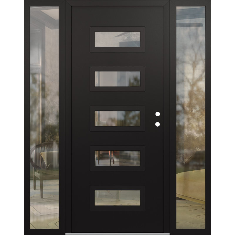 D1 60 po à gauche X 80 po Panneau d'entrée en acier noir et verre transparent noir avec 2 portes d'entrée en verre pré-montées