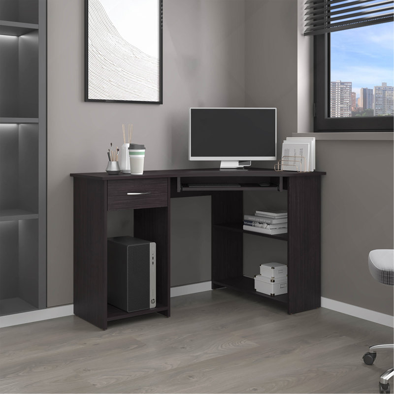 Bureau en coin en forme de L avec deux tablettes latérales peu encombrantes, noir, Dark Walnut