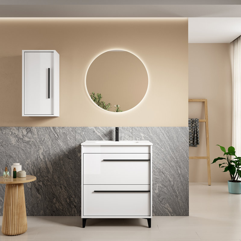 Lotus 28.0" Freestanding Single Bathroom Vanity with Ceramic Top, Glossy White, 24"
