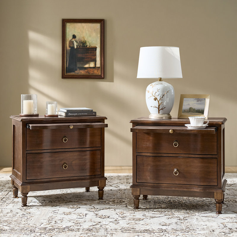 Sessoms Traditional 26''W 2-Drawer Solid Wood End Table with Built-In Outlet and Curved Drawer Fronts, Walnut
