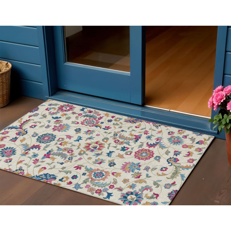3' X 5' Linen Pink And Denim Blue Floral Washable Indoor Outdoor Area Rug