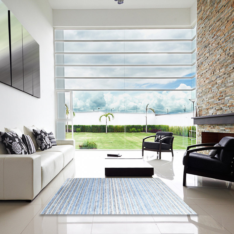 Tapis blanc/bleu contemporain, Carré 5 pi