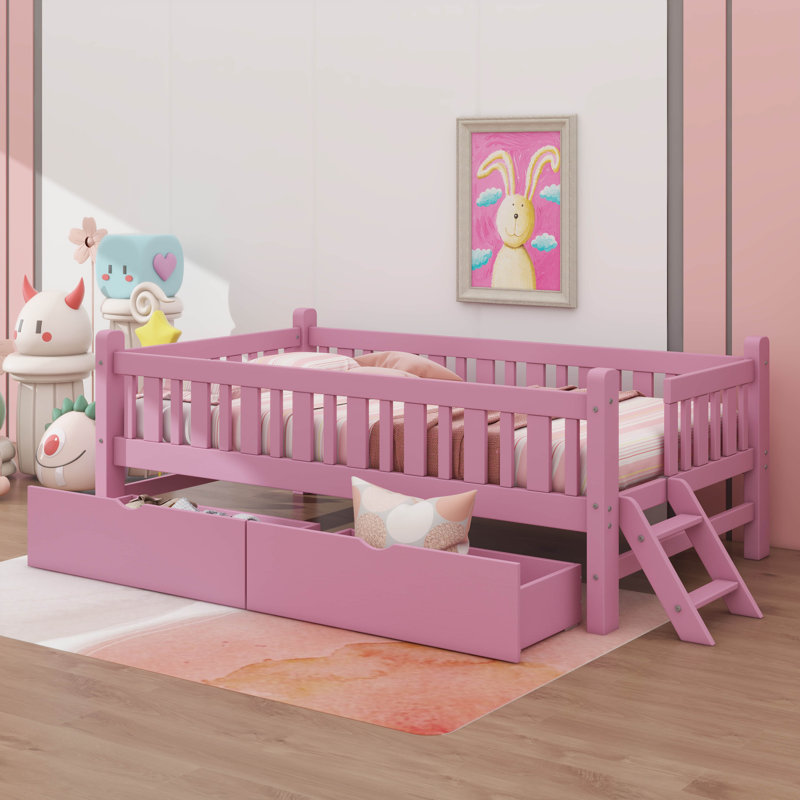 Safe Twin Size Platform Bed With Guardrail And Two Drawers, Pink