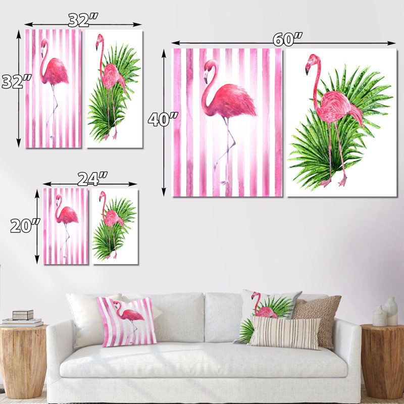 Flamant rose sur rayures roses - ensemble d'art traditionnel de 2 pièces, H 20 po x l 24 po x P 1 po