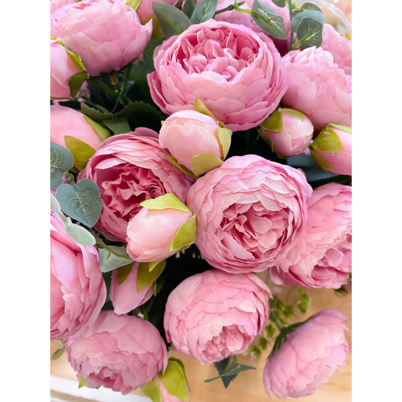 White Peony Faux Centerpiece In Glass Vase, Pink