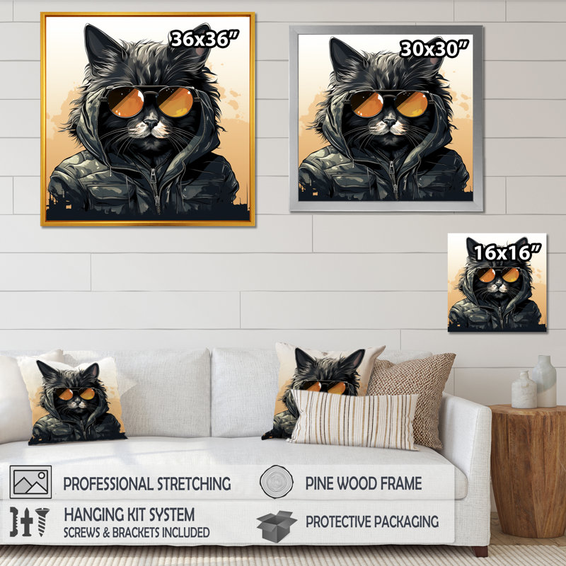 Chat noir dans des verres sur toile, Cadre simple noir, H 16 po x l 16 po x P 1 po