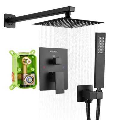 Ensemble de robinetterie de douche, système de douche effet pluie avec pommeau de douche rond de 20 cm et douchette à main, accessoires de salle de bain muraux avec robinetterie et garniture en laiton, noir mat
