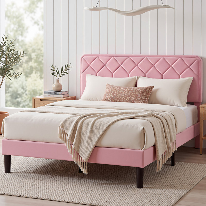 Full Platform Bed Frame with Velvet Upholstered Headboard and Wooden Slats Support, Mattress Foundation/No Box Spring Needed