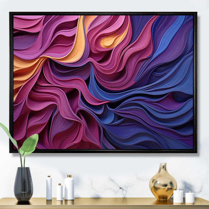 Art mural géométrique bleu et mauve, Cadre flottant noir, H 34 po x l 44 po x P 1,5 po