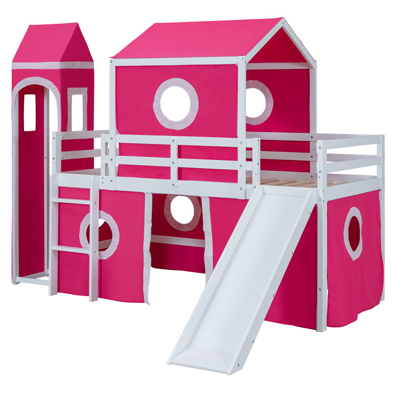 Lit mezzanine simple avec tente et tour rose Slide