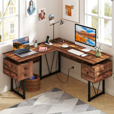 L-Shaped Computer Desk With Power Outlets And 3 Storage Drawers