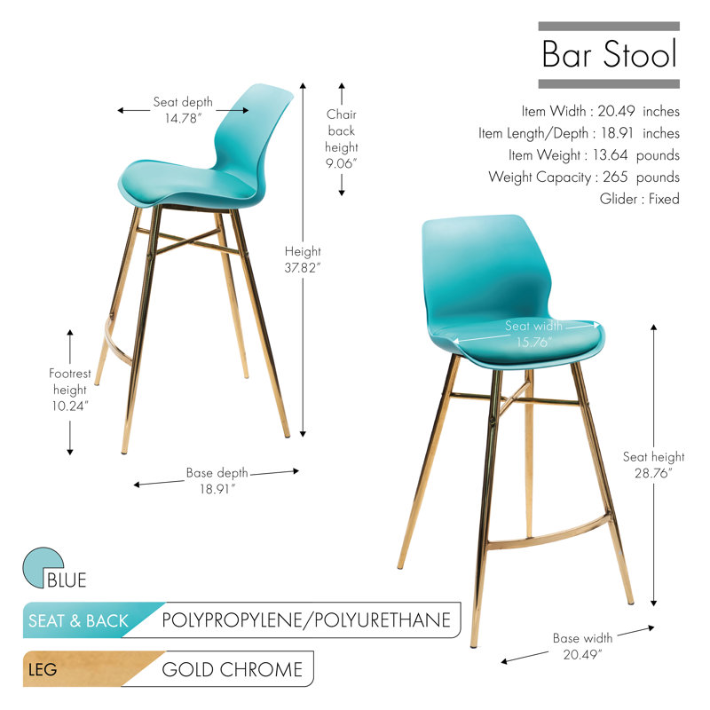 Upholstered Counter Stool with Metal Frame, Blue